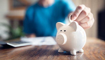 Image shows someone putting a coin into a piggy bank.