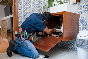 plumbers checking under sink