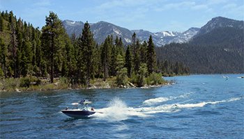 A speed boat on the waters of Lake Tahoe