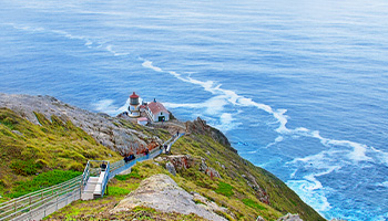 View of a lighthouse in California on the Point Reyes Seashore. 