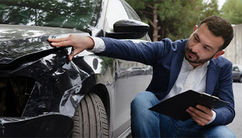 a claims adjuster reviewing a vehicle 