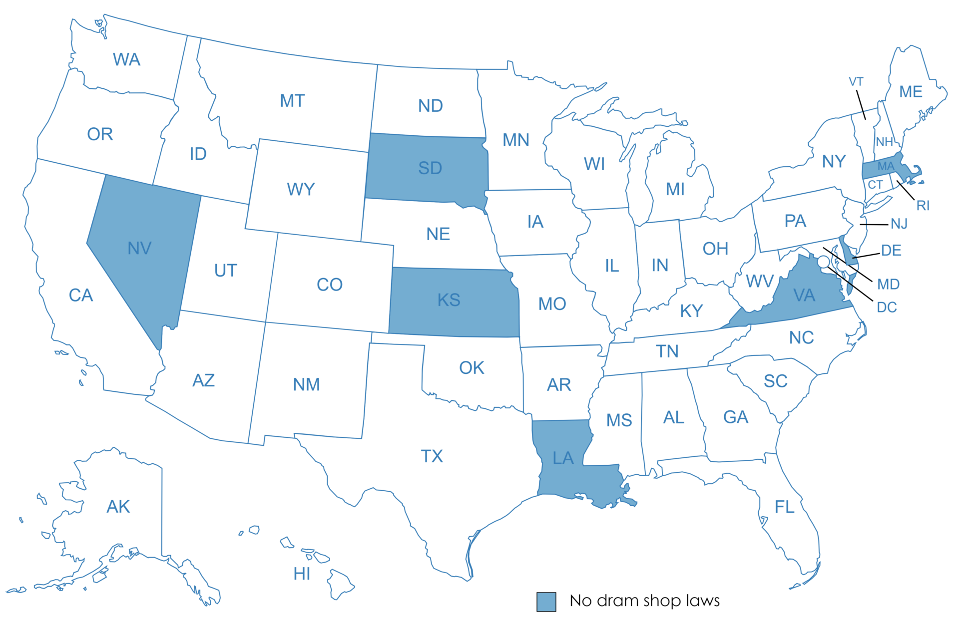 map of states without dram shop laws (liquor)