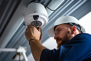 cameras prevent shrinkage - man installing camera at warehouse