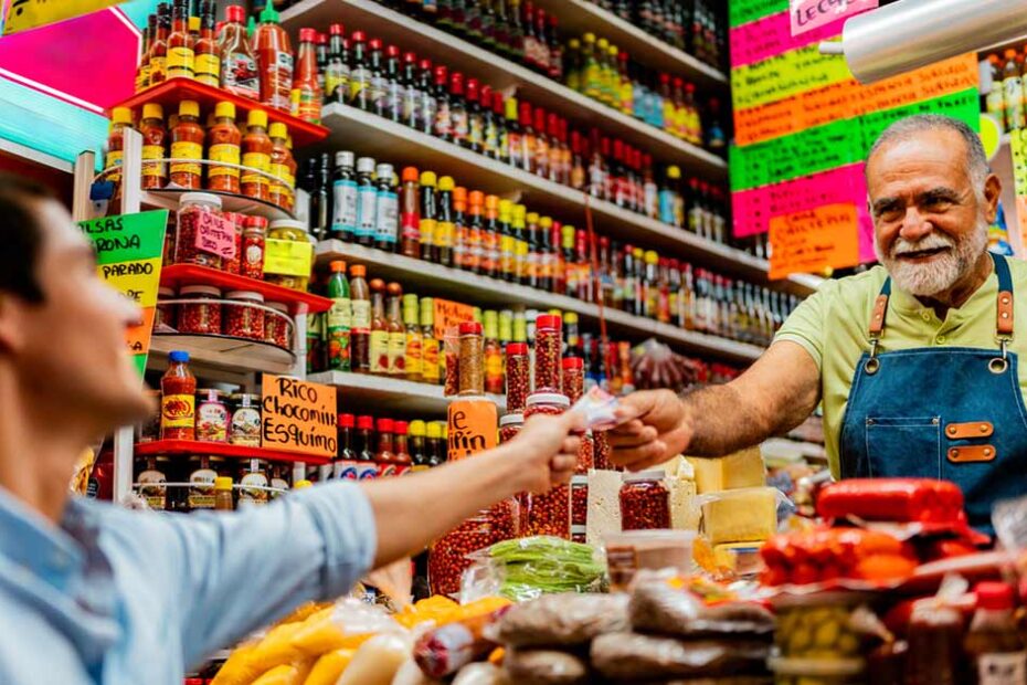 business owner selling spices to customer
