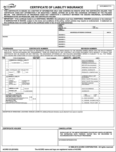 acord 25 form - standard certificate of liability insurance